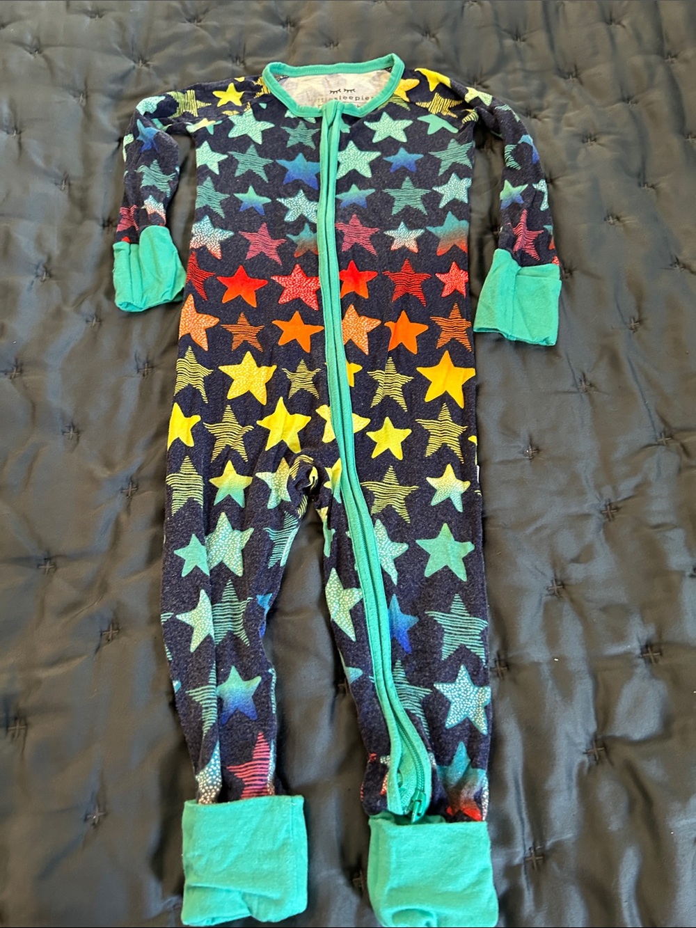 Little Sleepies Navy Star Zip Footie with Teal Trim and Multicolor Stars